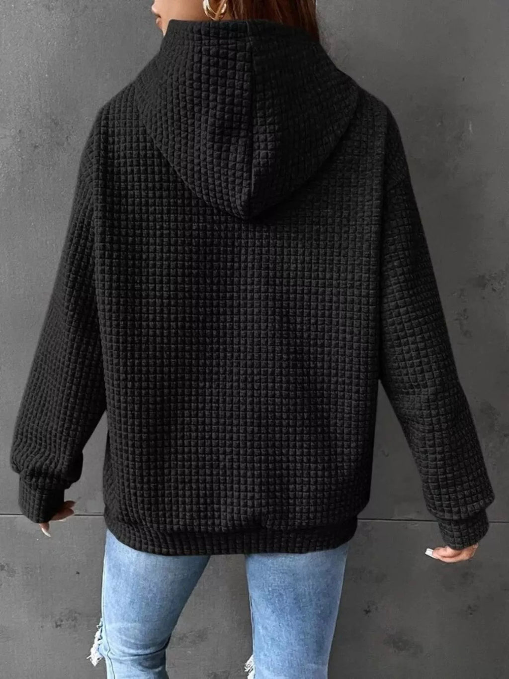 Waffle Knit Hoodie with Drawstring Details