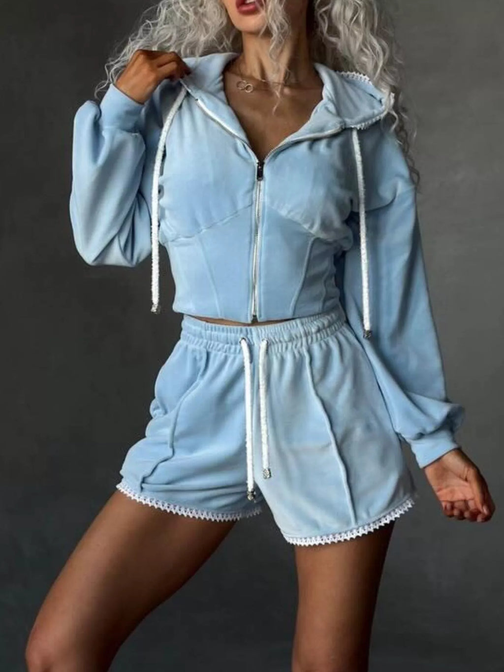 Zip Up Hooded Outerwear and Shorts Set