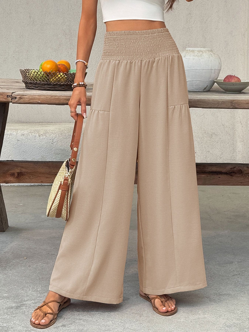 Smocked Waist Wide Leg Pants