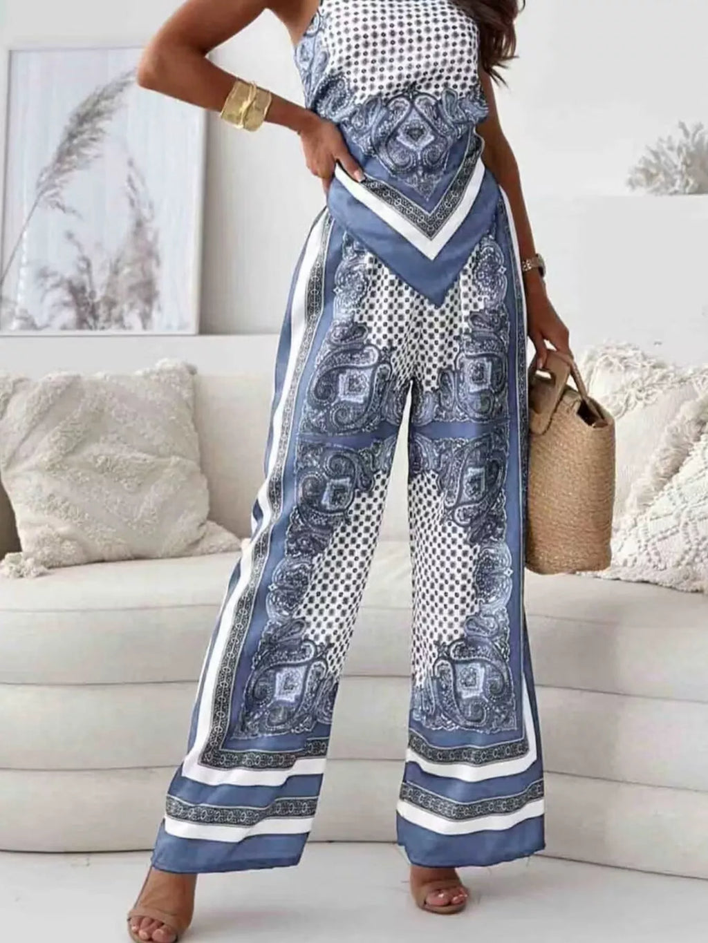 Printed Cami and Wide Leg Pants Set