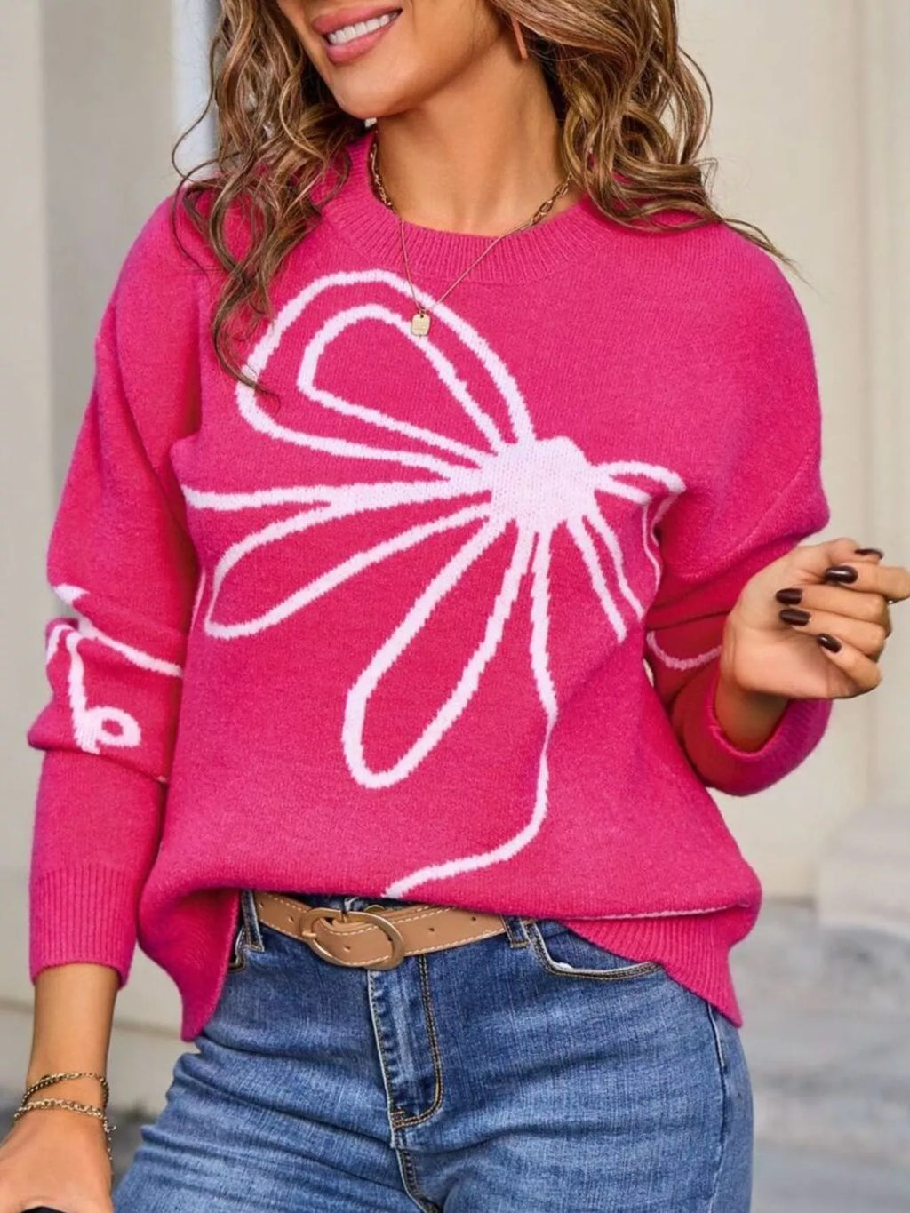 Floral Crew Neck Long Sleeve Sweater