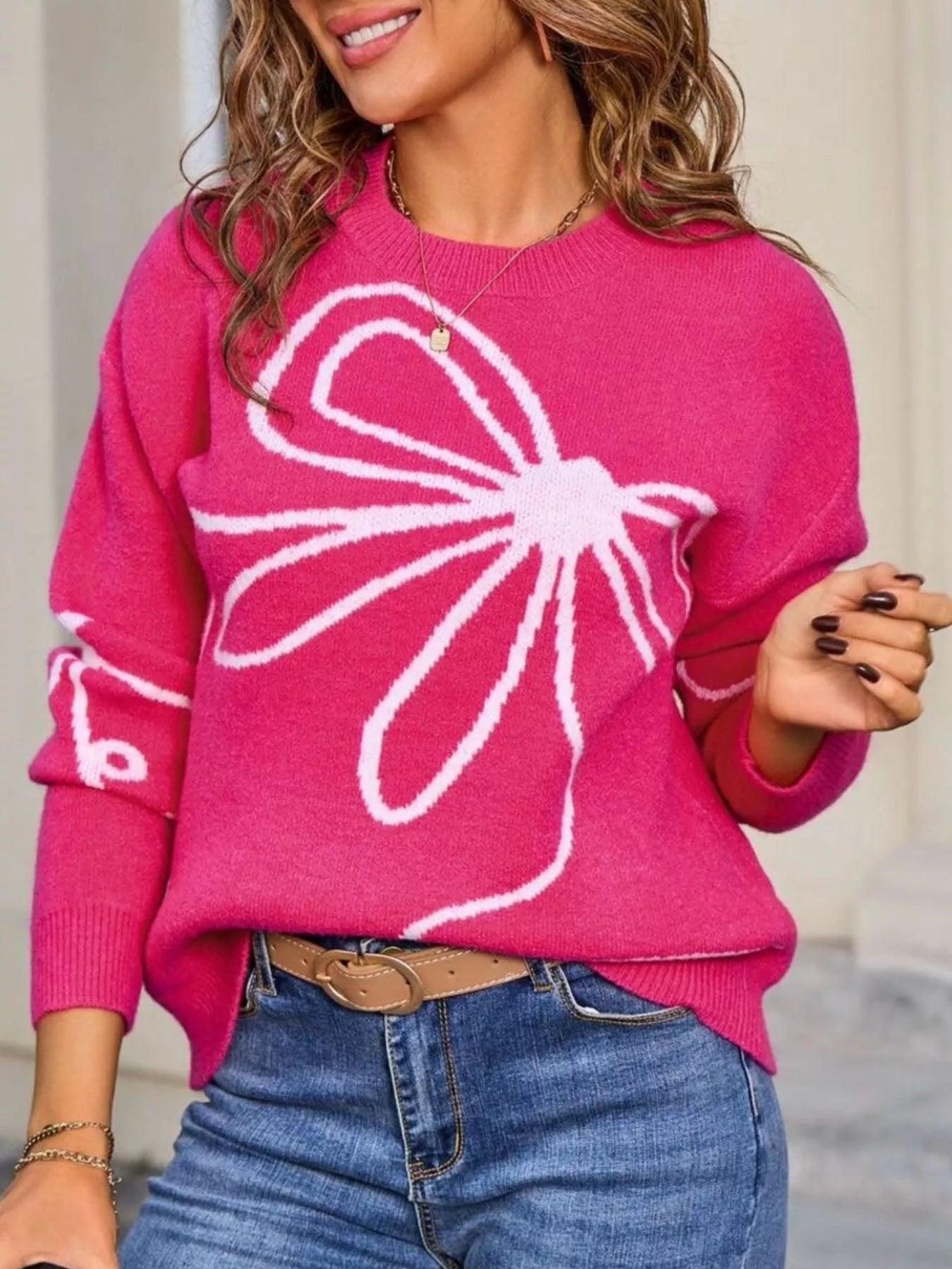 Floral Crew Neck Long Sleeve Sweater