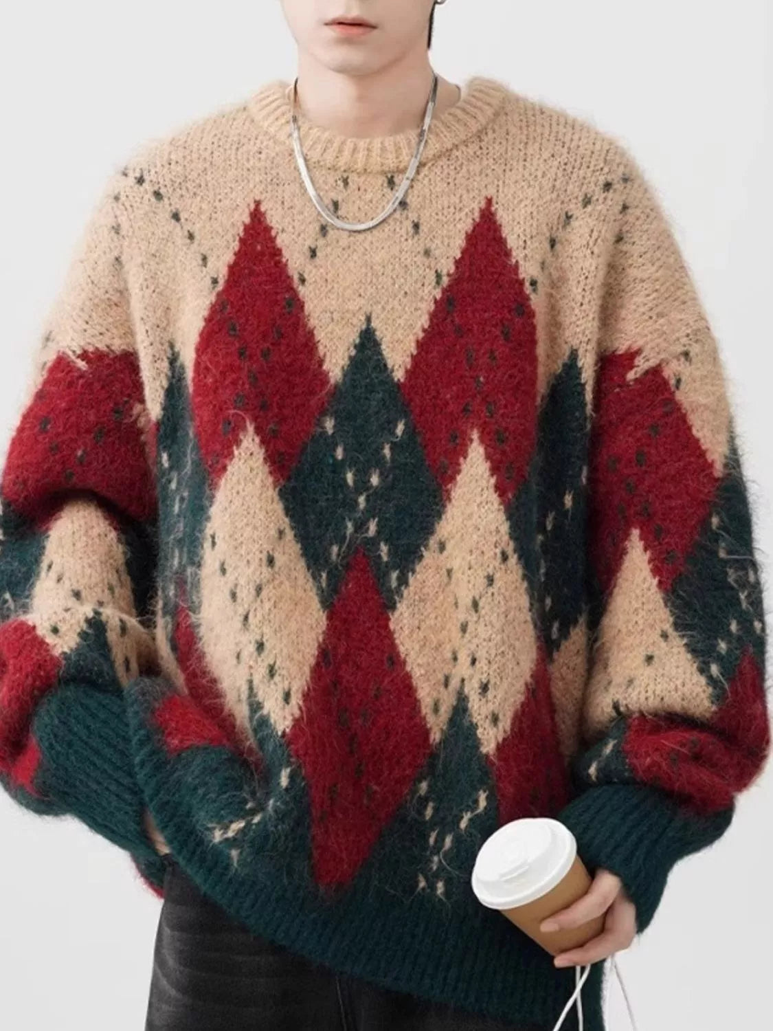 Men's Plus Size Argyle Knit Round Neck Sweater