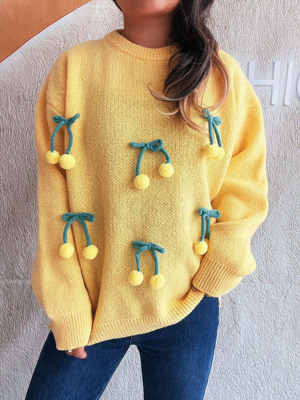 Cherry Round Neck Long Sleeve Sweater