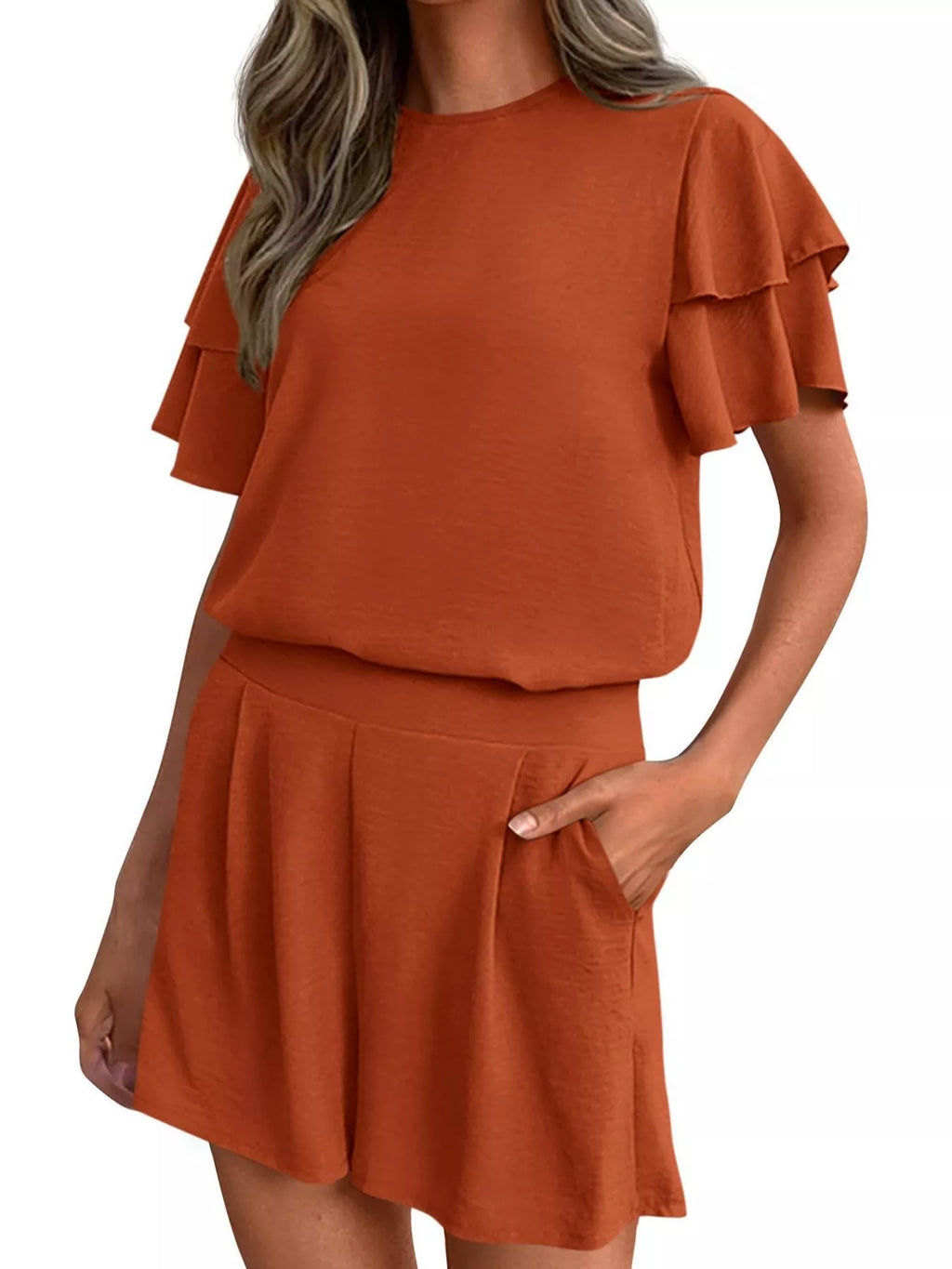 Ruffle Sleeve Top and Shorts Two-Piece Set
