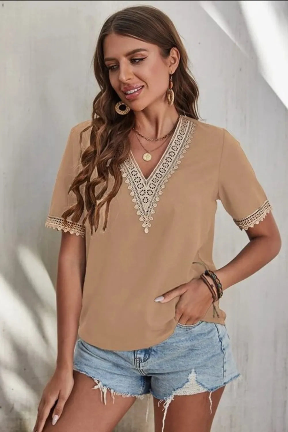 Full Size Lace Detail V-Neck Short Sleeve Blouse Plus Size
