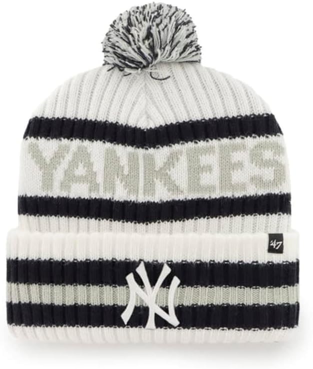 47 New York Yankees Adult Bering Cuffed Knit Pom Beanie Hat - White