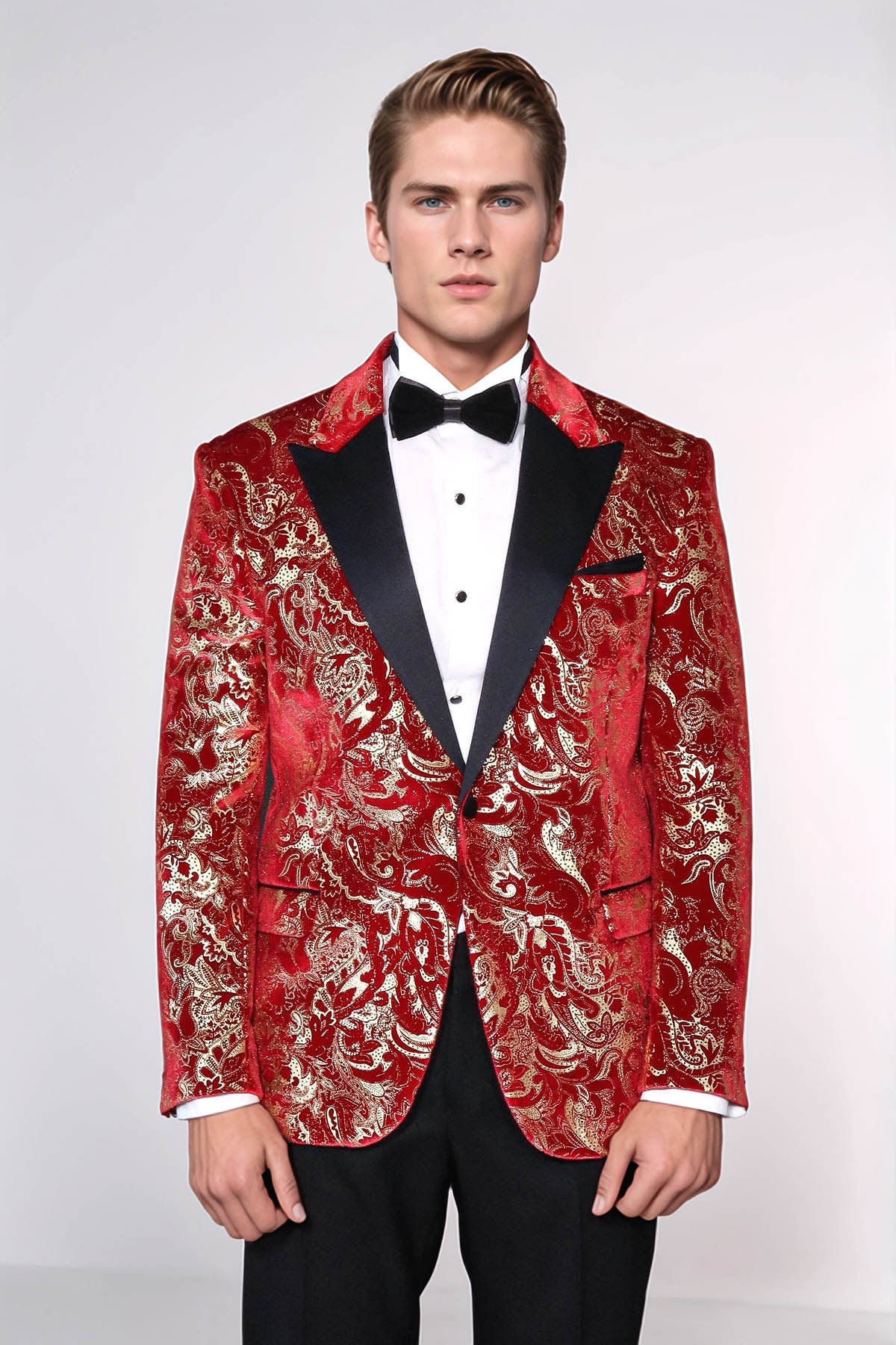 Gold Patterned Over Red Men Stage Tuxedo Blazer - Wessi