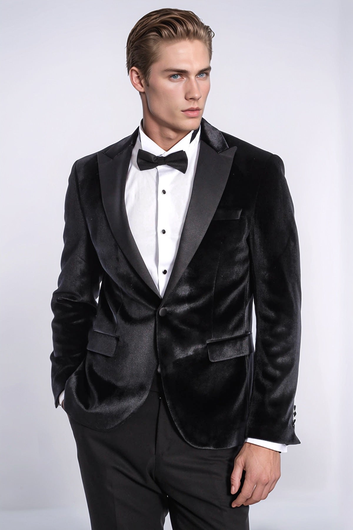 Velvet Slim Fit Black Men Tuxedo Jacket - Wessi