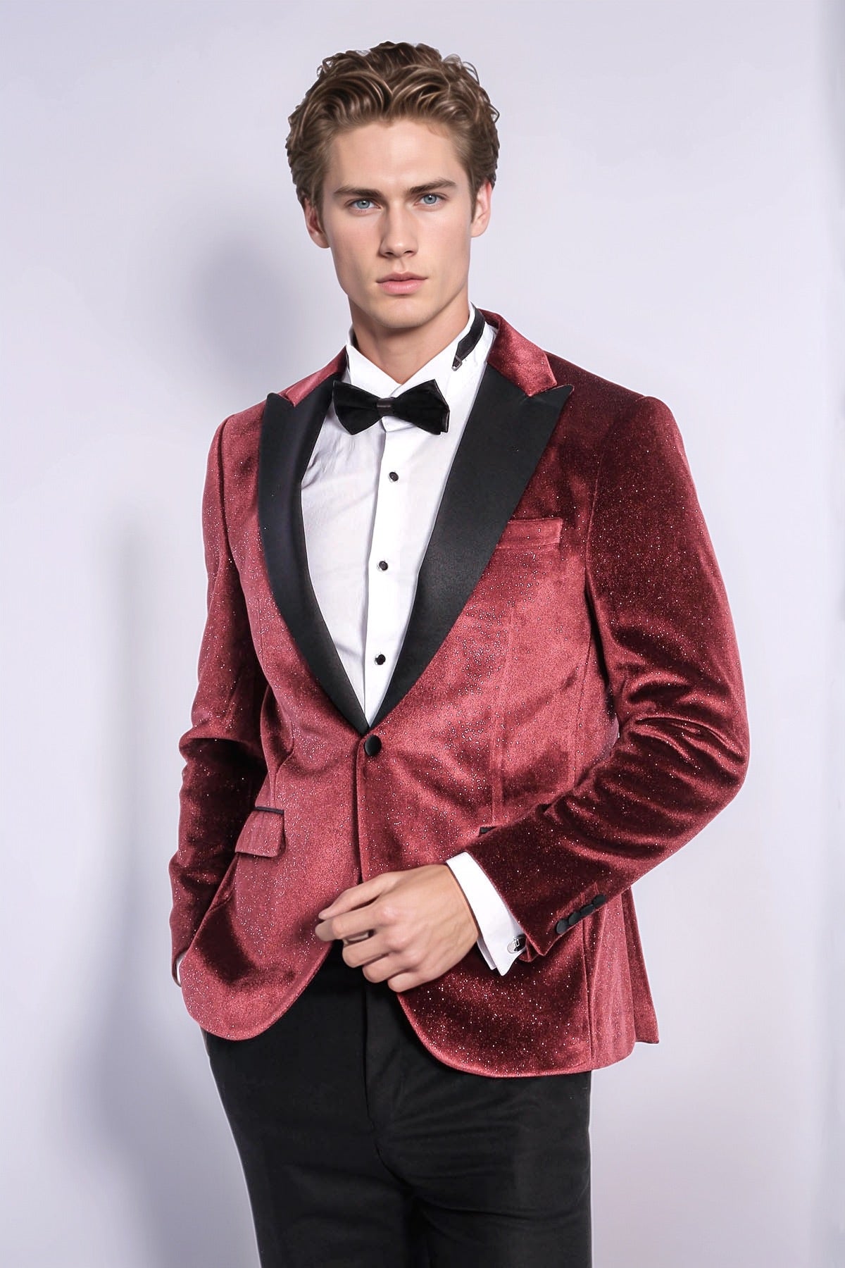Slim Fit Velvet Burgundy Men Sparkle Tuxedo Jacket - Wessi