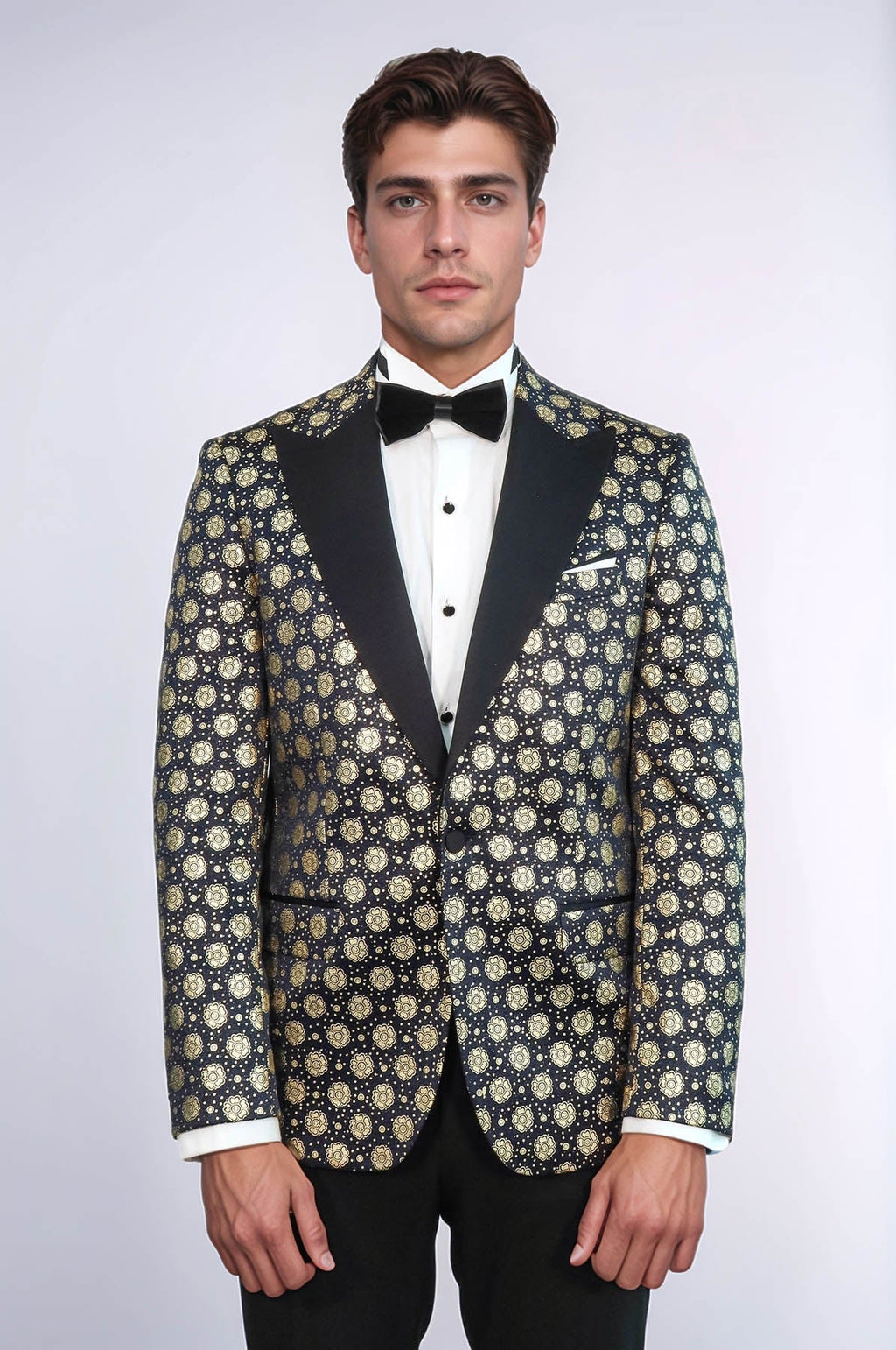 Floral Patterned Peak Lapel  Navy Blue with Gold Embellished Dinner Jacket - Wessi