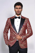 Paisley Peak Lapel Burgundy Men Singer Tuxedo Blazer - Wessi