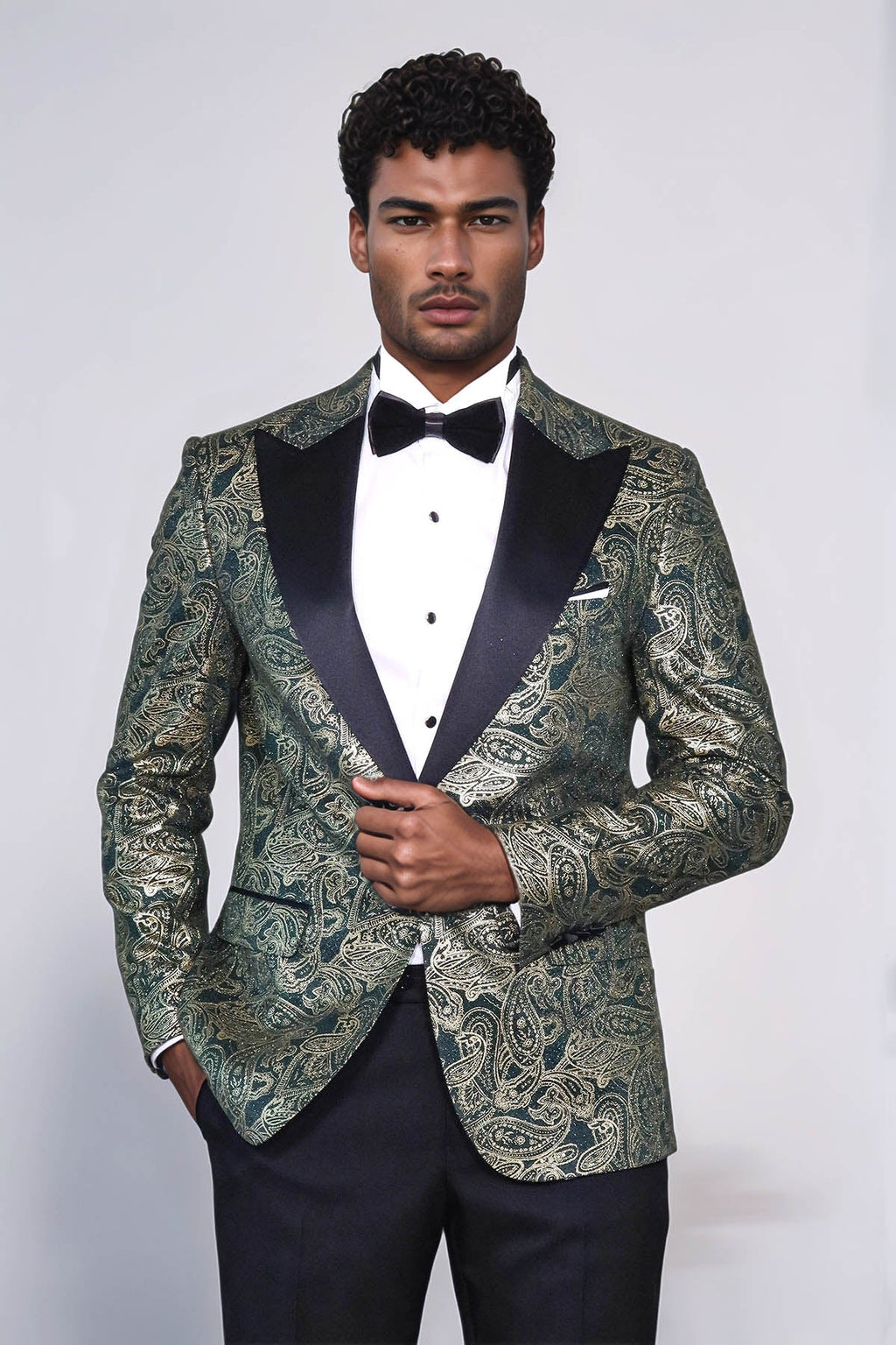 Paisley Peak Lapel Green Men Stage Tuxedo Jacket - Wessi