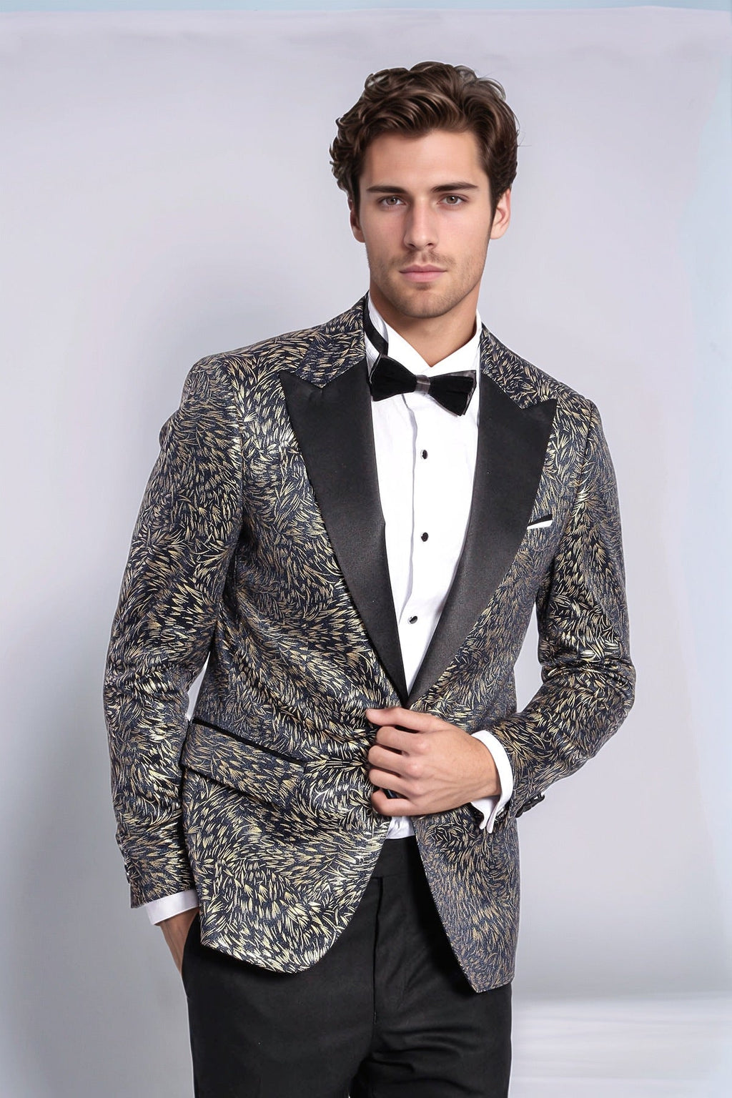 Feather Patterned Slim Fit Navy Blue Men Dinner Jacket - Wessi