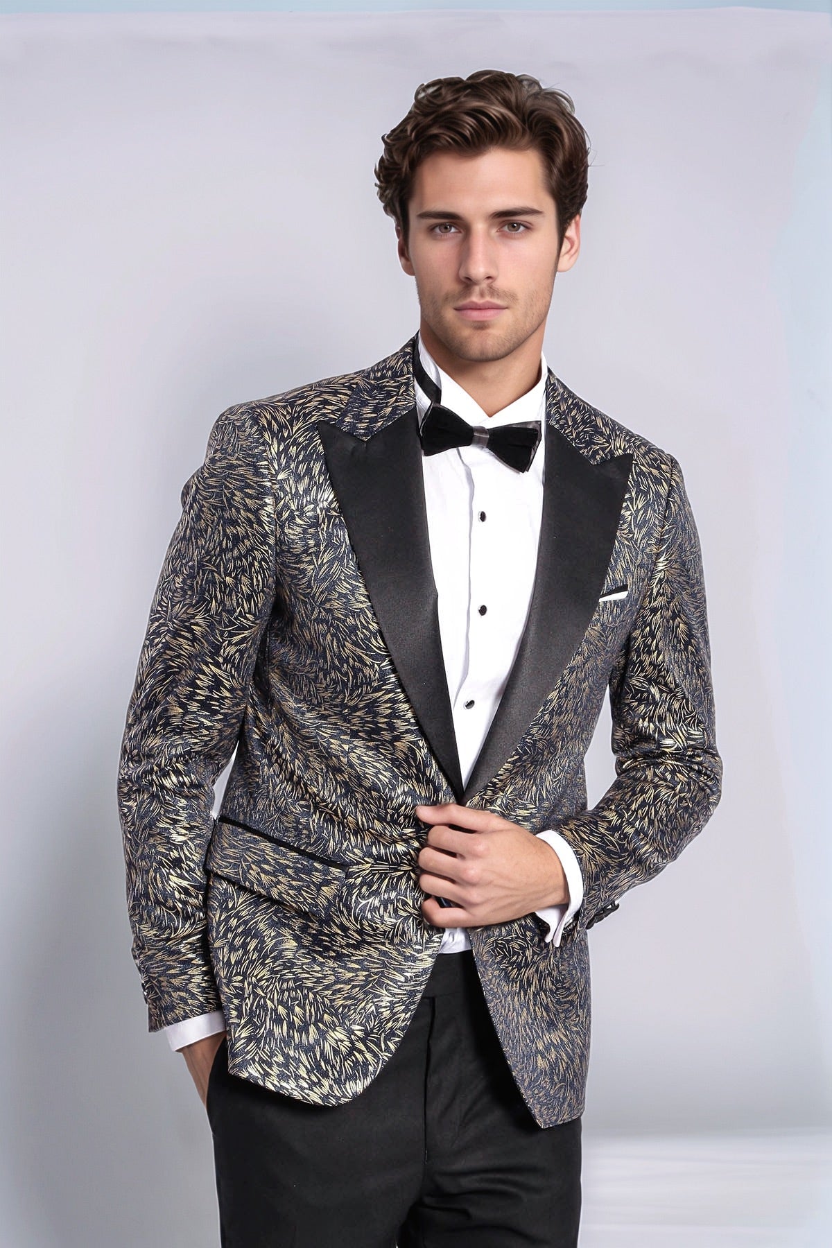 Feather Patterned Slim Fit Navy Blue Men Dinner Jacket - Wessi
