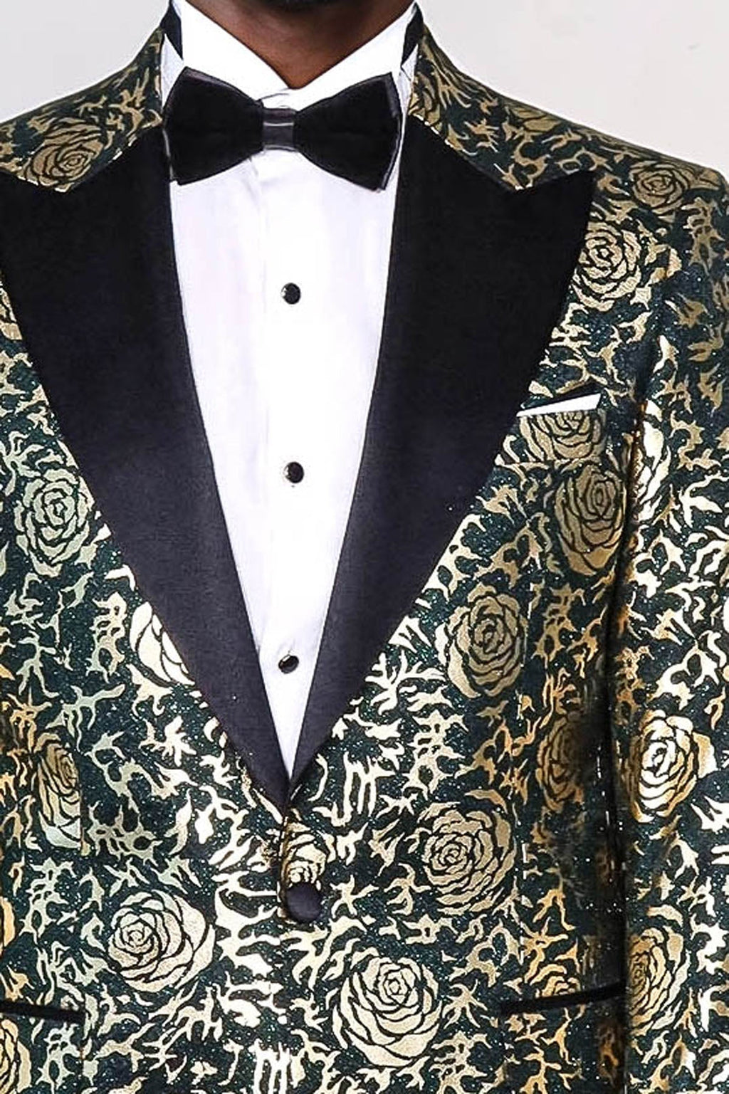 Gold Rose Patterned Slim Fit Green Men Singer Tuxedo Jacket - Wessi