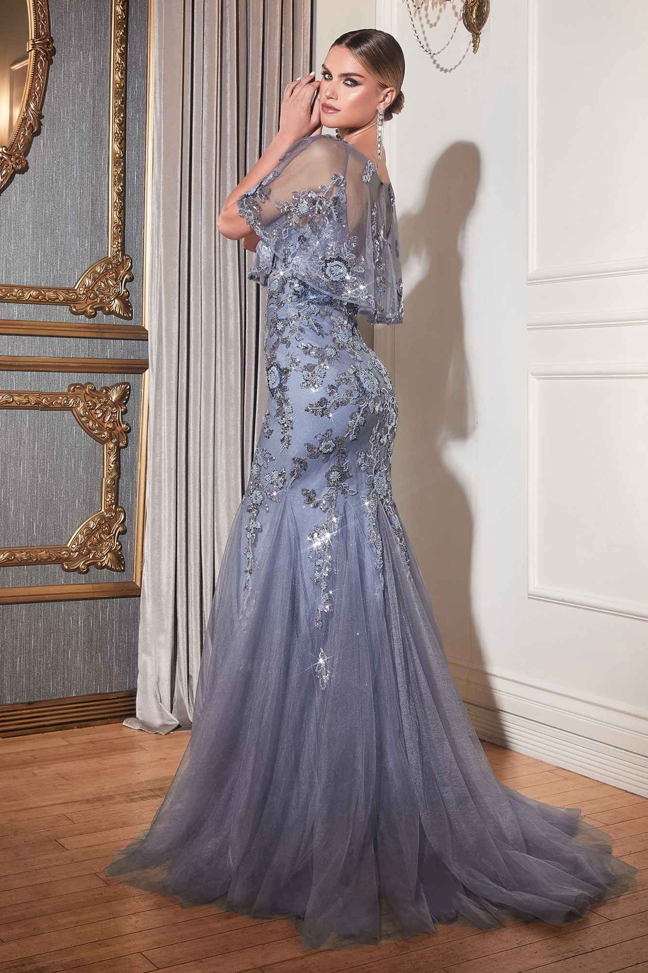Cinderella Divine CDS438 Long Beaded Mermaid Gown Removable Short Sleeve Capelet