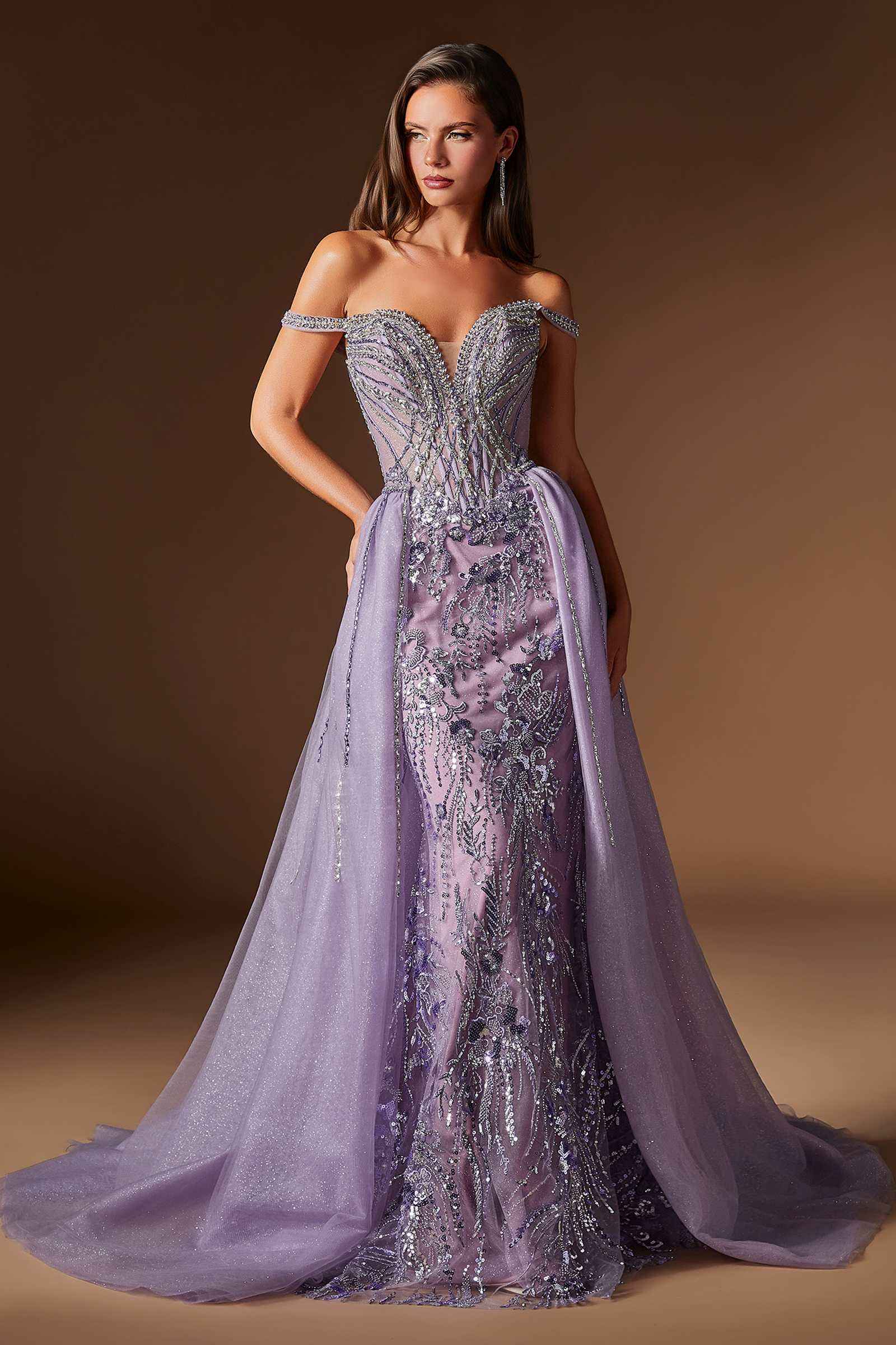Ladivine CDS570 Fitted Formal Off Shoulder Gown with Detachable Skirt