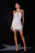 Ladivine CDS574 Fringe Beadwork Halter Fitted Mini Dress