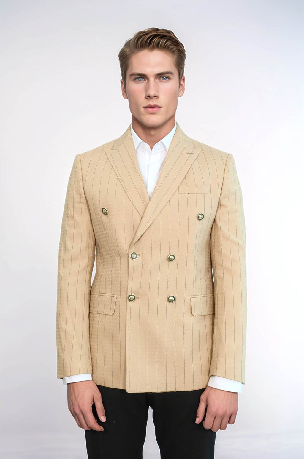 Double Breasted Slim Fit Striped Cream Men Blazer - Wessi