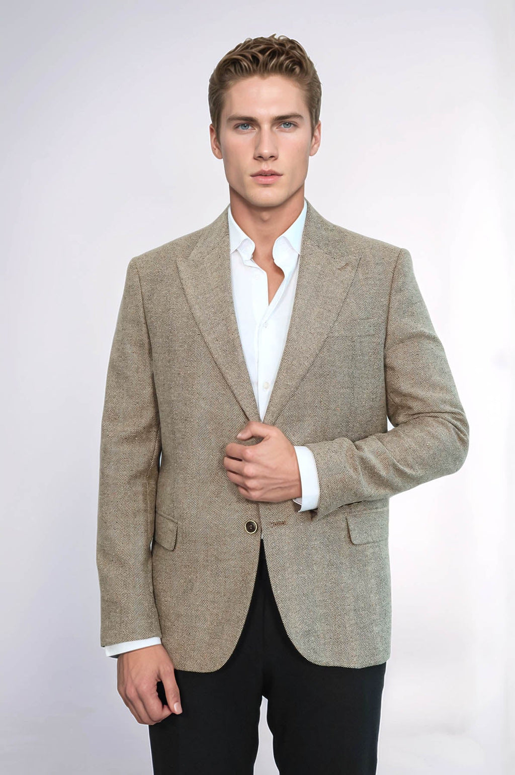 Houndstooth Pattern Wool Cream Men Blazer - Wessi