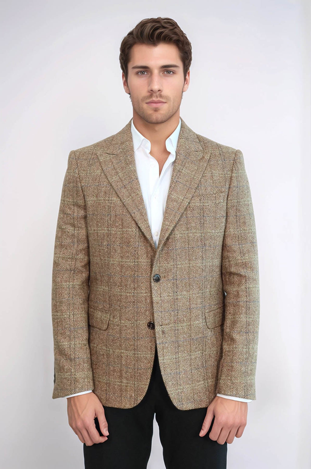 Herringbone Slim Fit Wool Tan Men Blazer - Wessi