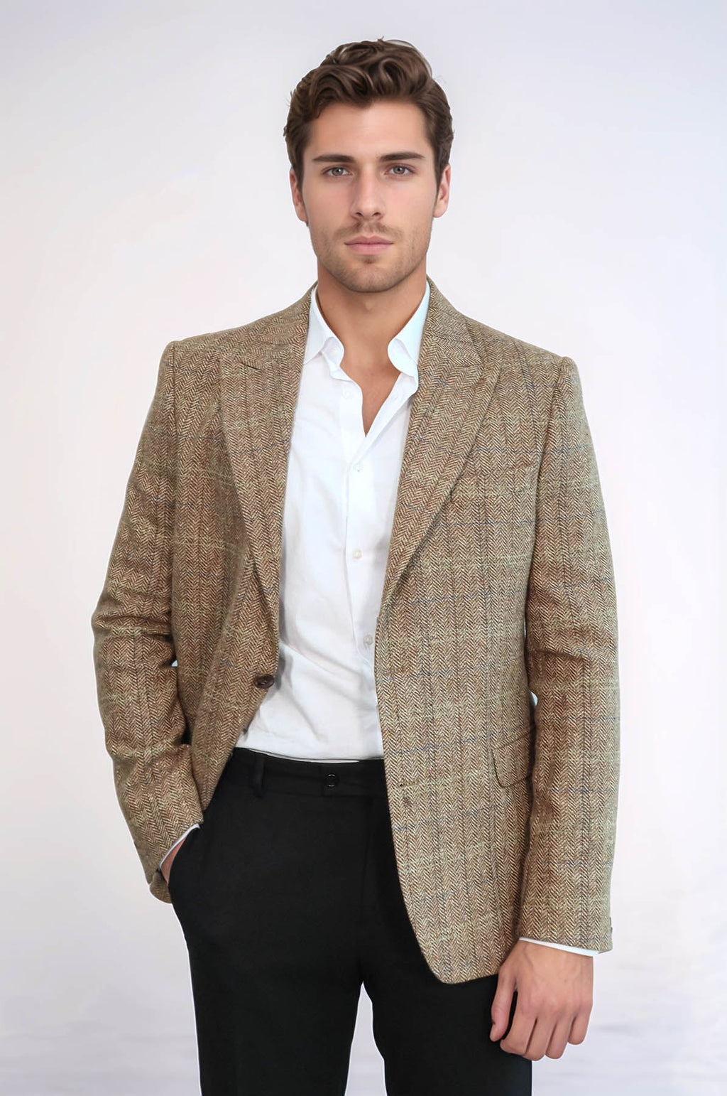Herringbone Slim Fit Wool Tan Men Blazer - Wessi