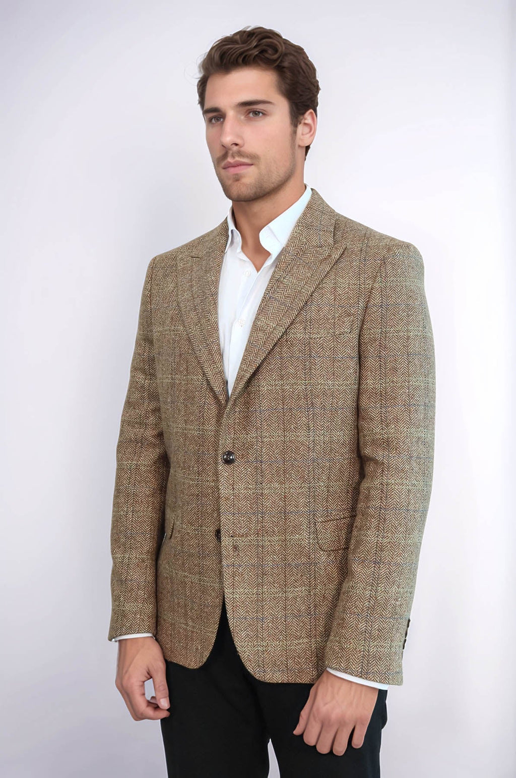 Herringbone Slim Fit Wool Tan Men Blazer - Wessi
