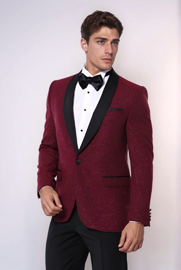 Burgundy Shawl Lapel Sparkly Men Tuxedo Jacket - Wessi