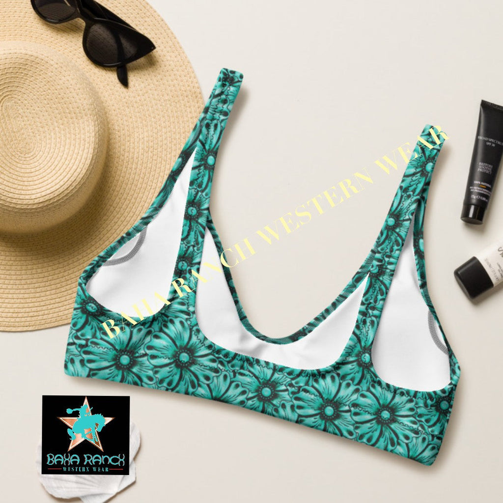 Baha Ranch Yeehaw Turquoise Floral Leather Print Bikini Top