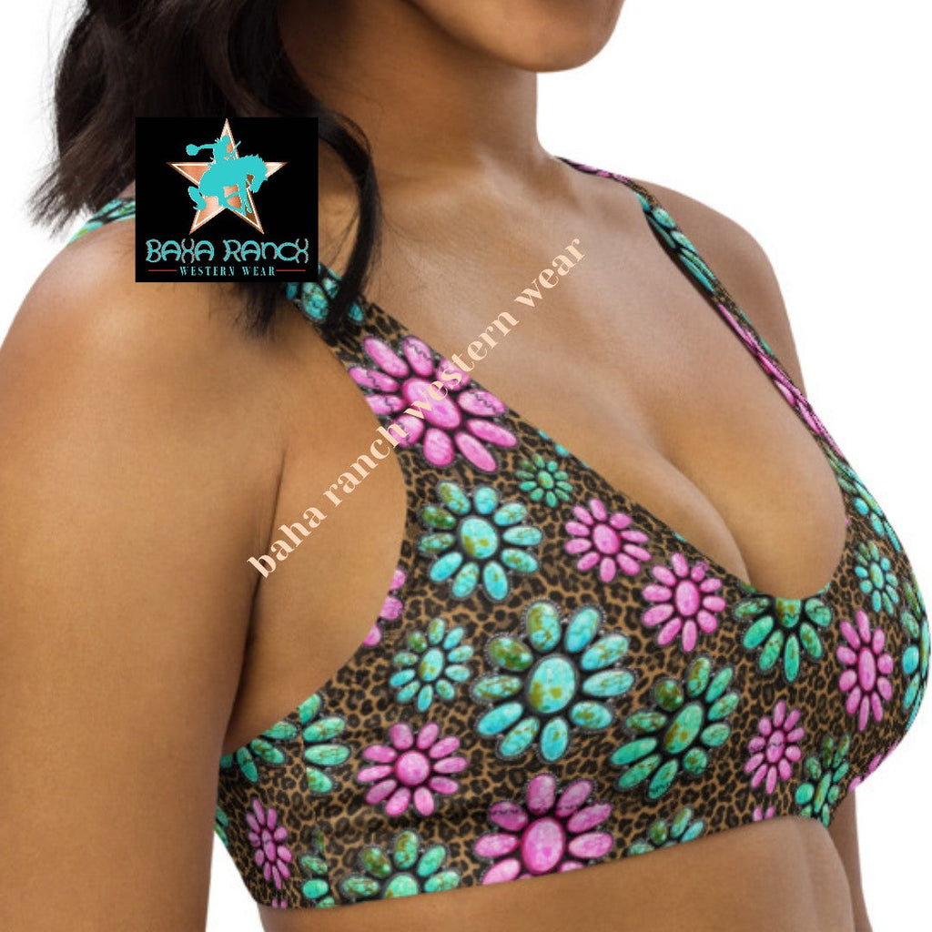 Baha Ranch Yeehaw Pink Turquoise Cowgirl Bikini Top
