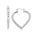 Sterling Silver Rhodium Plated Heart Style Hoop Diamond Cut Earrings(3x22mm)