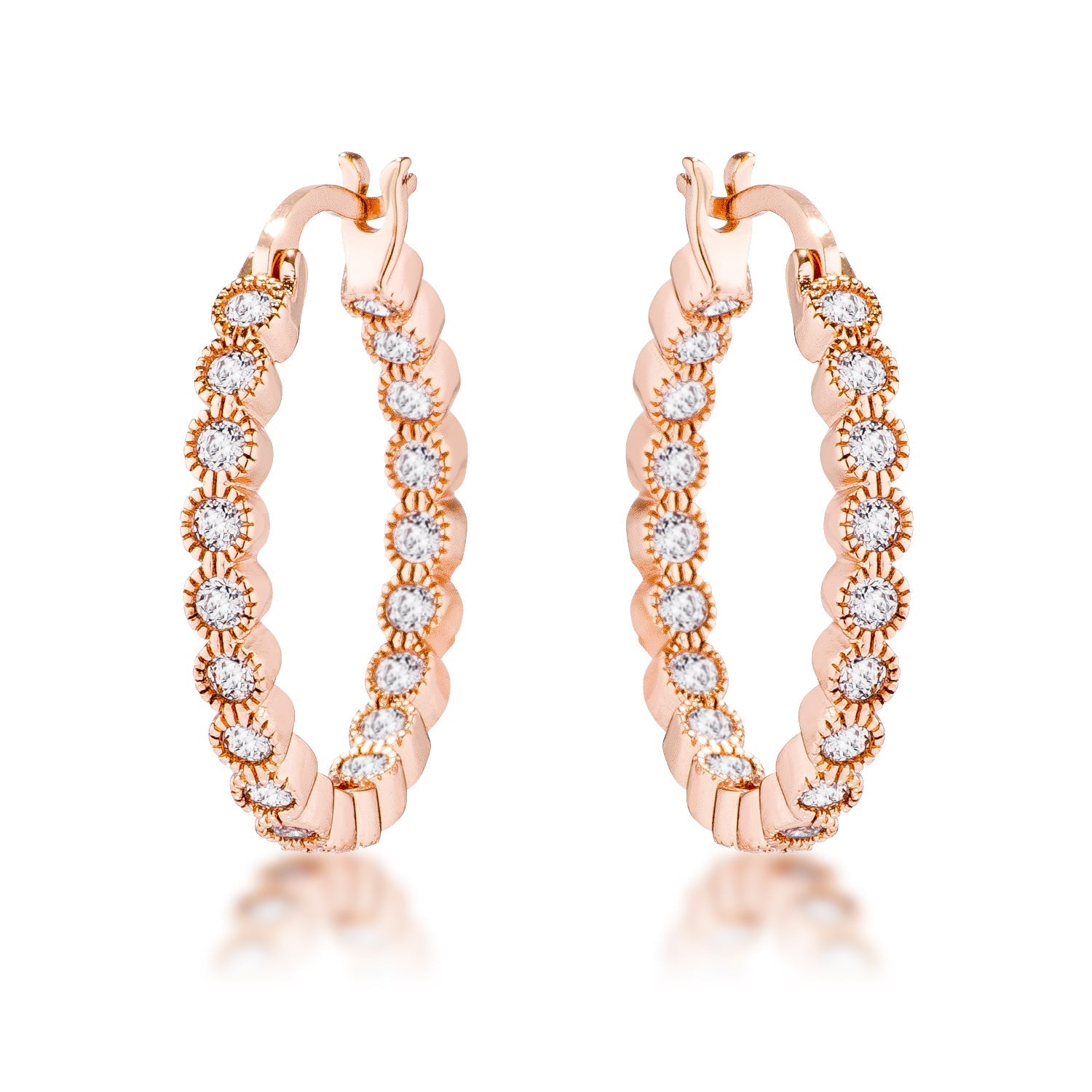 Avera Dotted CZ Round Bezel Hoop Earrings in Pink