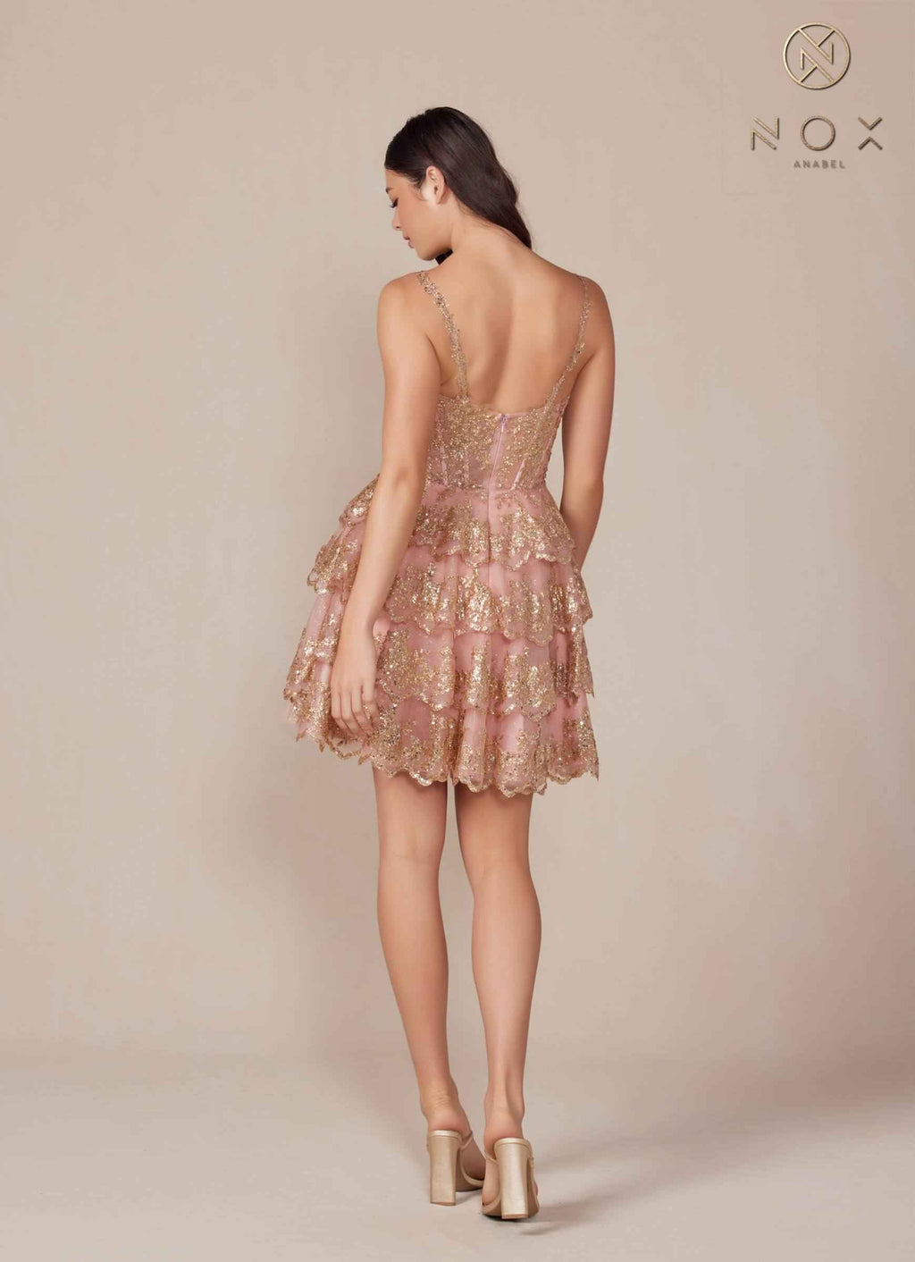 Nox Anabel E914 Short Applique Tiered A-Line Dress