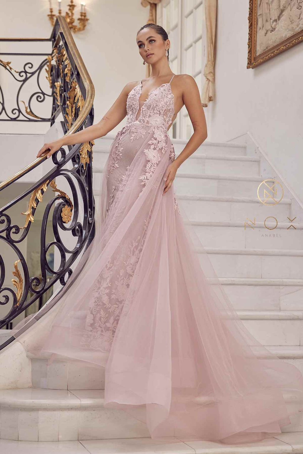 Nox Anabel F485 Lace and Beads Mermaid Gown Chiffon Overskirt