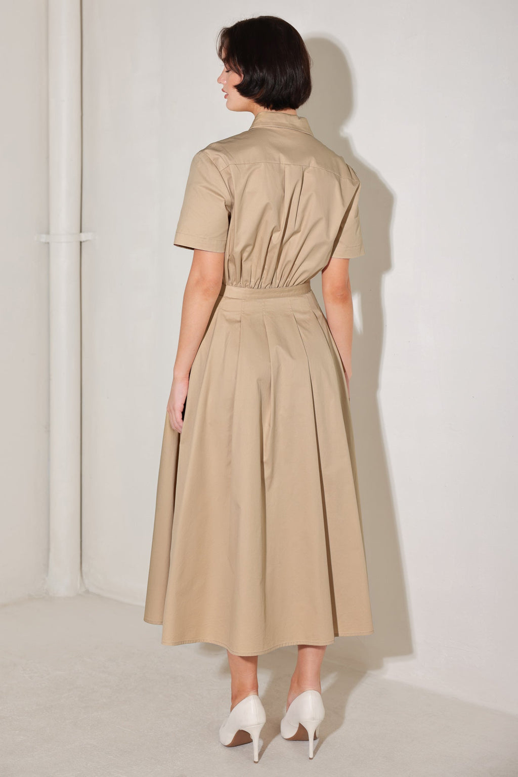 CINCHED COUTURE WOVEN MIDI DRESS