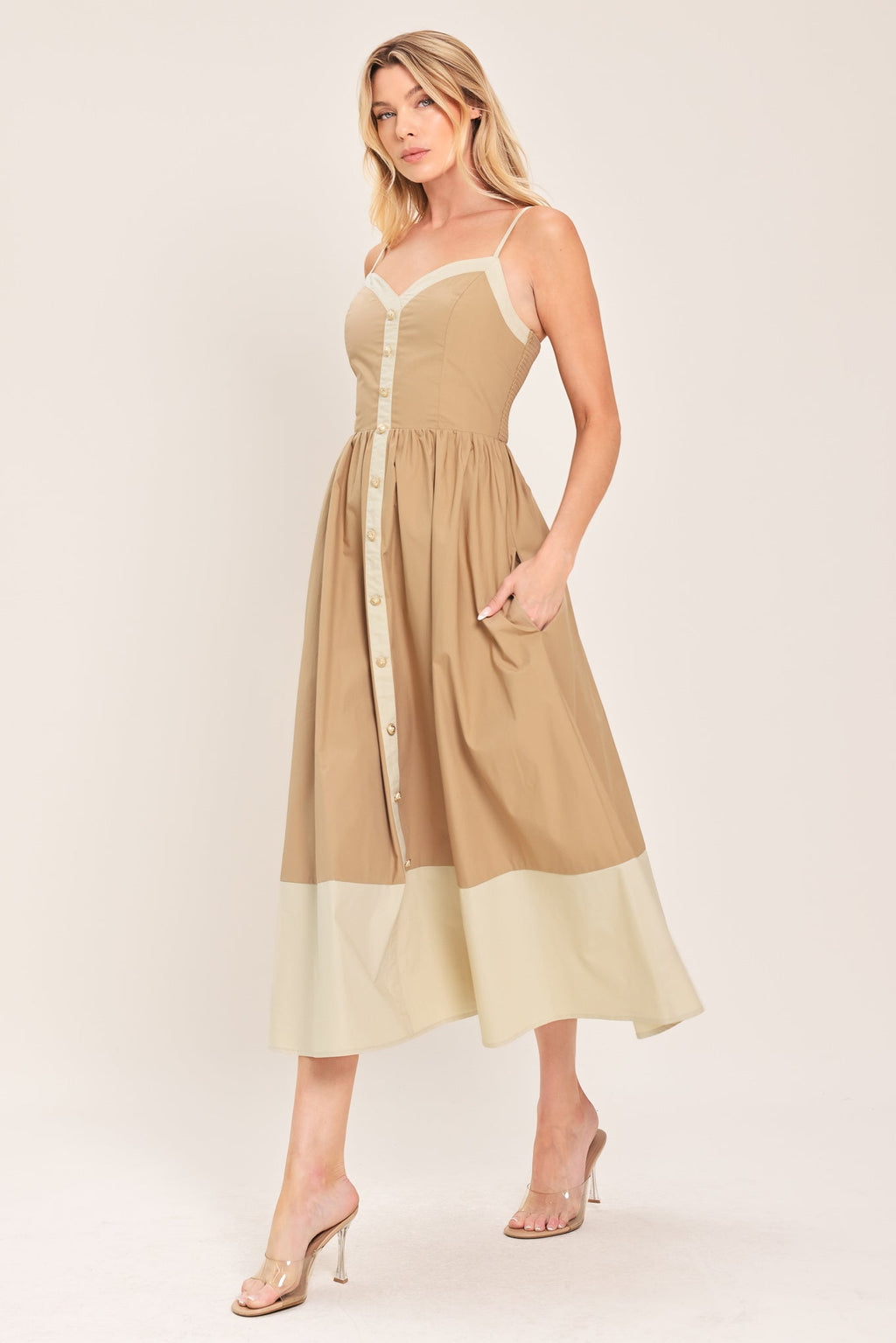 SANDSTONE SWEETHEART WOVEN MIDI DRESS