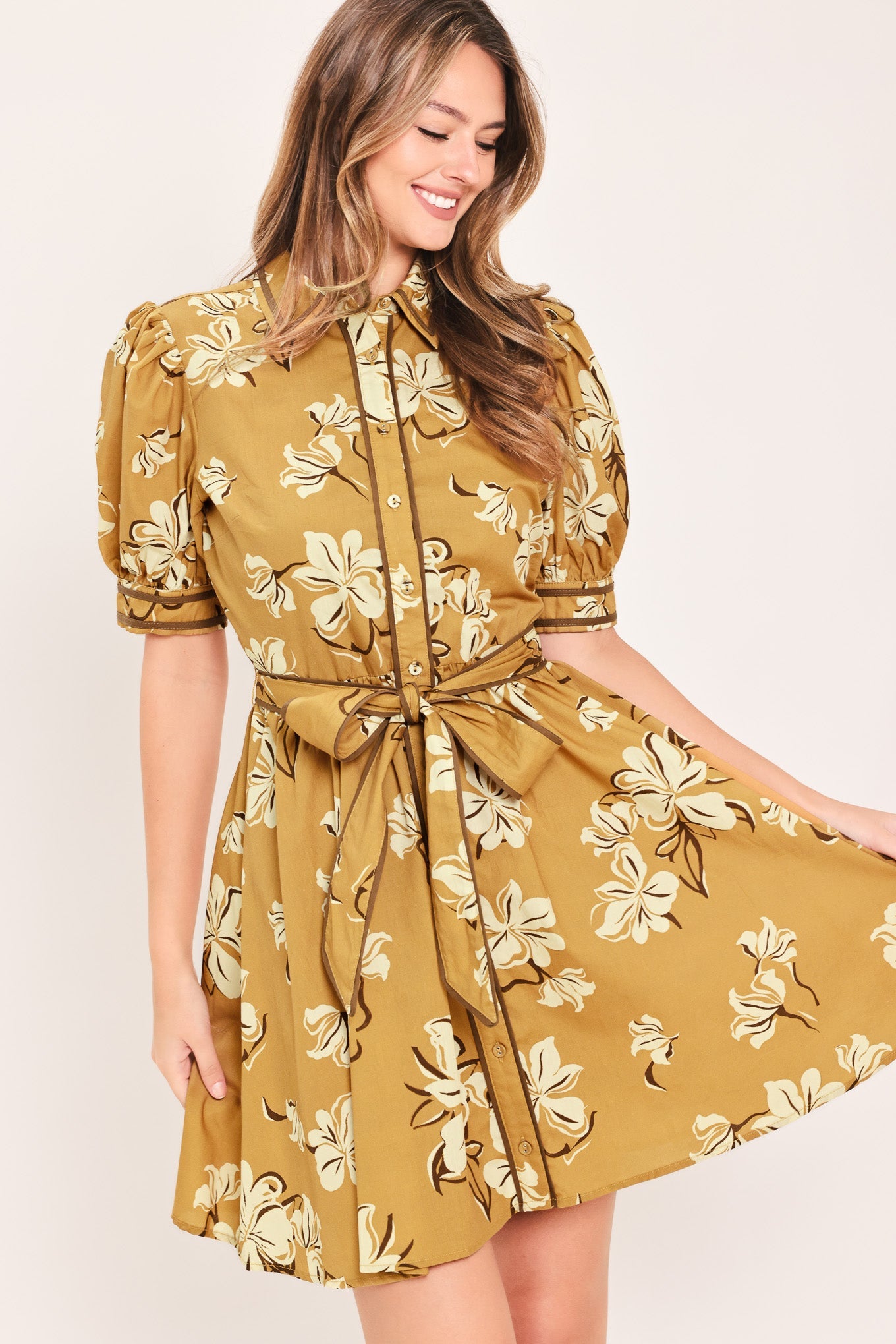 SUNWARM FLORAL CHARM WOVEN MINI SHIRT DRESS