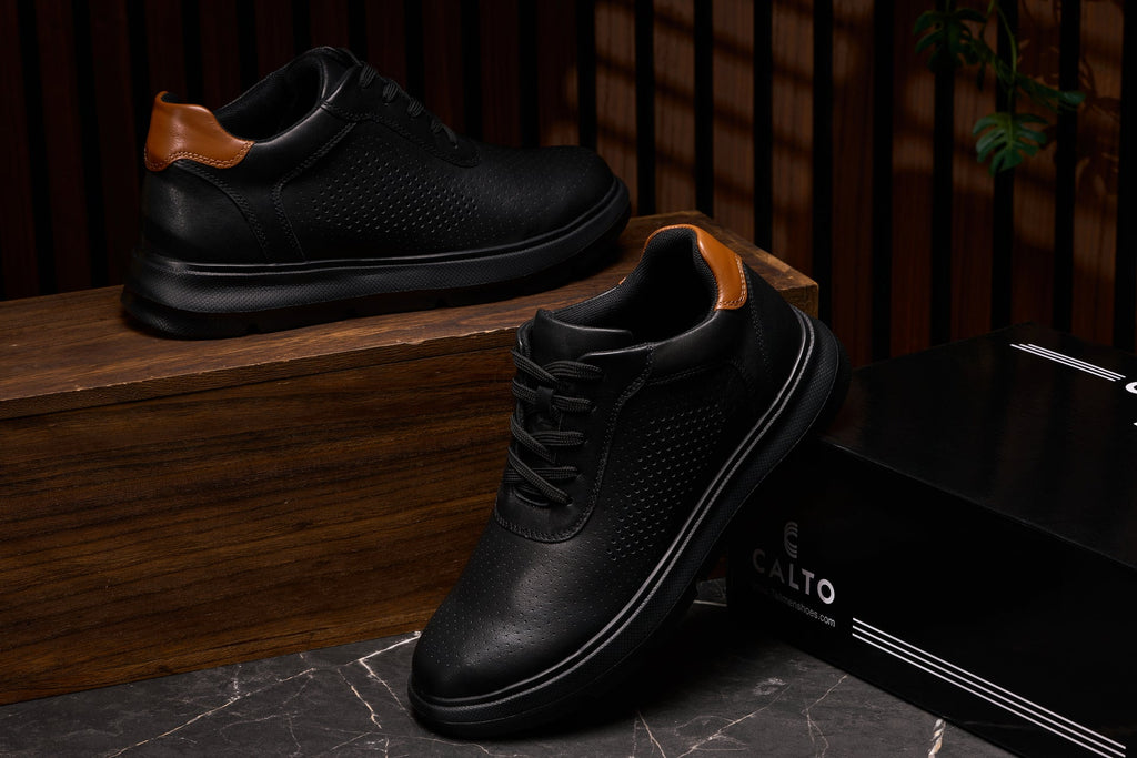 CALTO - J1580  - 2.6 Inches Taller (Black/Black Sole) - Lightweight Casual Walkers