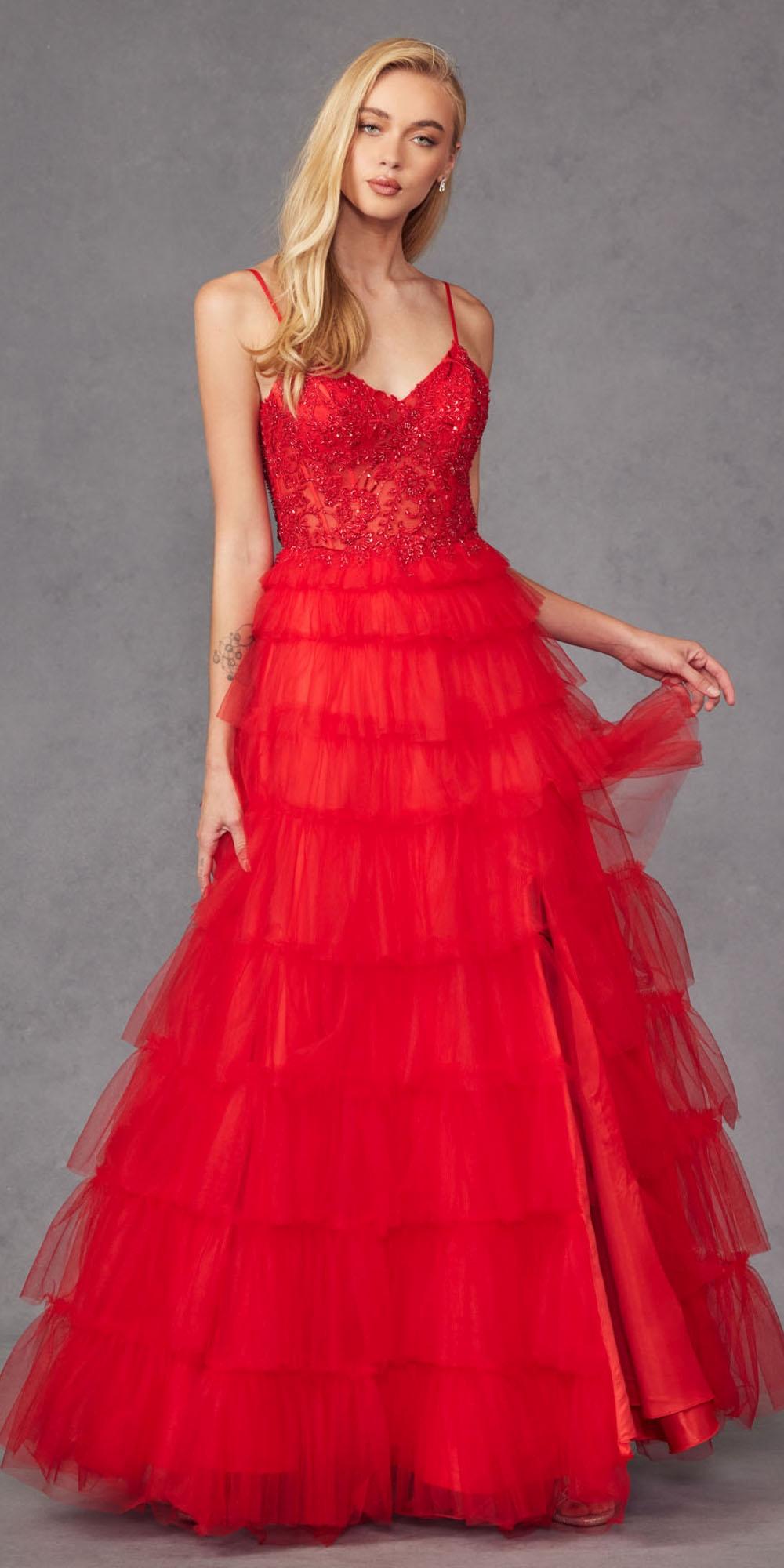 Juliet JT2451S Long Lace Bodice Sleeveless A-line Ruffled Gown