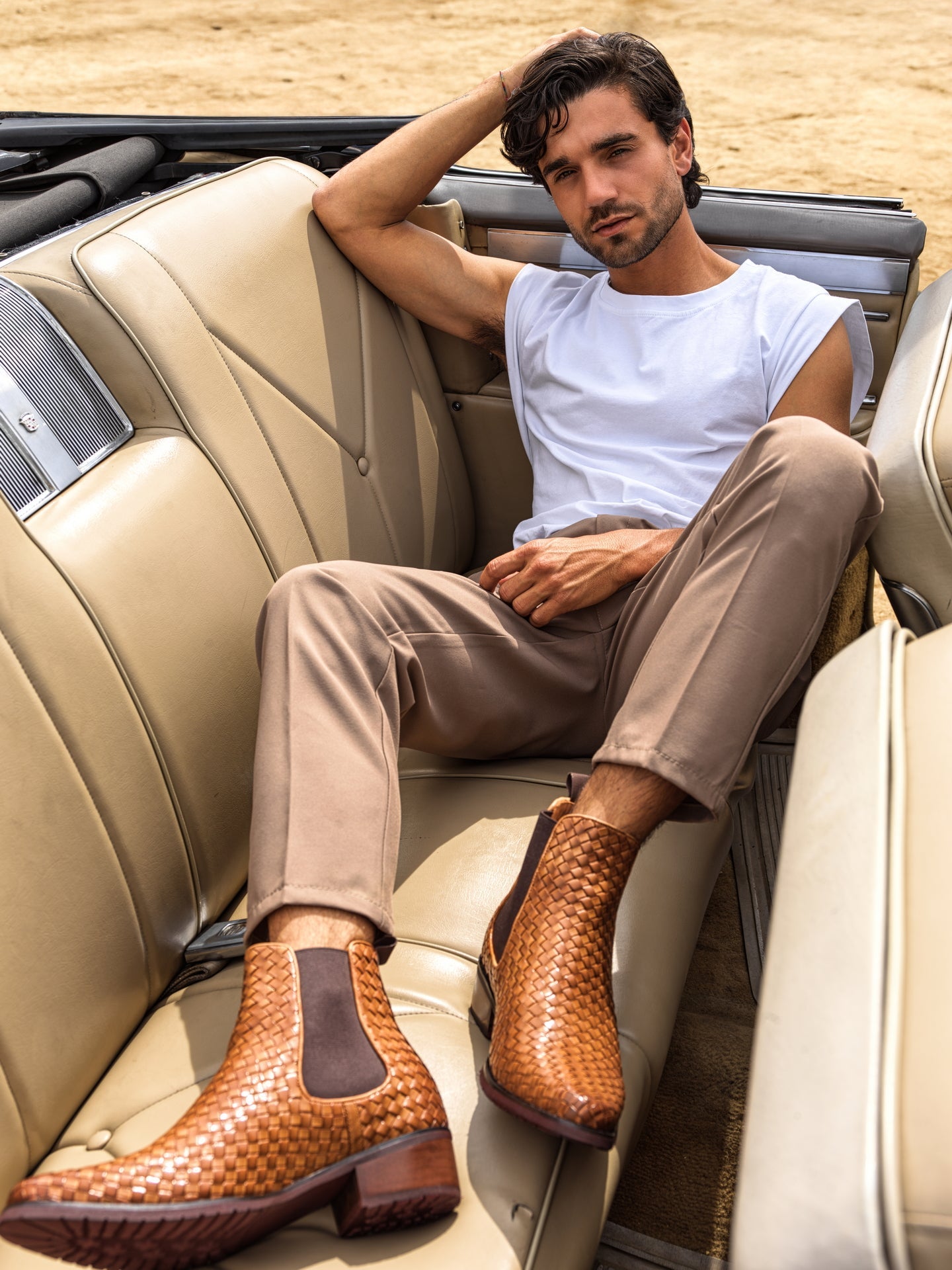CALTO - K30522 - 3.3 Inches Taller (Brown) - Woven Chelsea High-Top Slip-On Ankle Boots