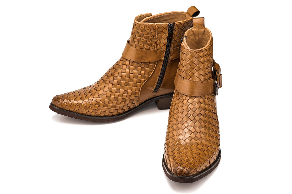 CALTO - K30524 - 3.3 Inches Taller (Light Brown) - Woven Buckle High-Top Ankle Zip-Up Boots