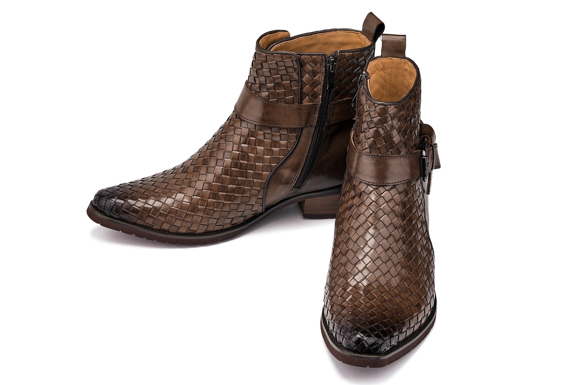 CALTO - K30525 - 3.3 Inches Taller (Coffee Brown) - Woven High-Top Buckle Zipper Ankle Boots