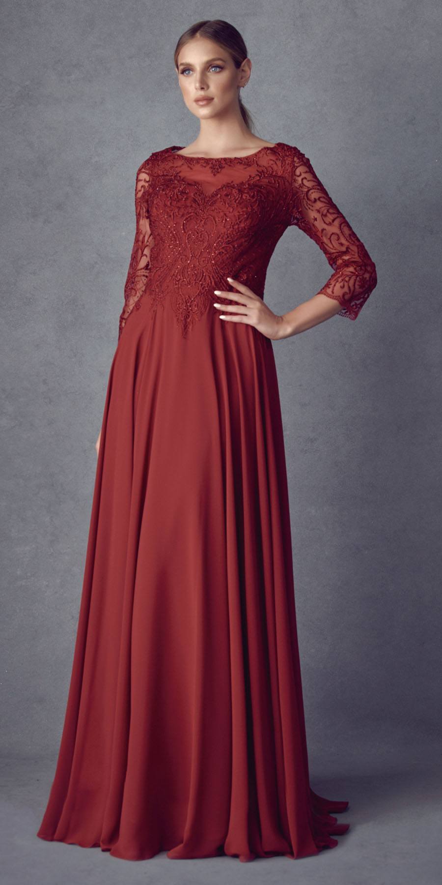 Juliet M11 Appliqued Long A-Line Dress Chiffon Quarter Sleeves