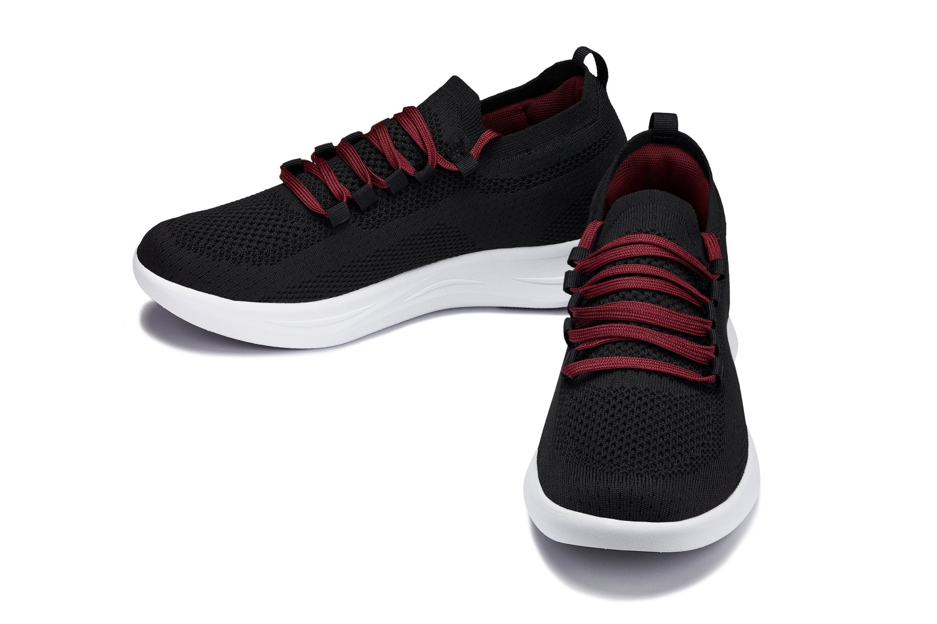 CALTO - QA064 - 2.4 Inches Taller (Black/Red/White Sole) - Lightweight Knitted Sneakers