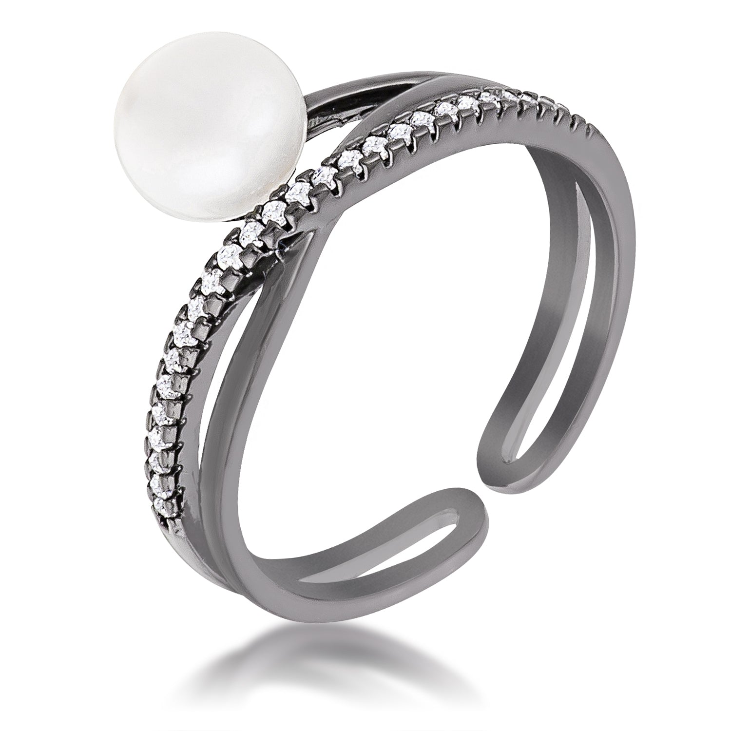 Avera Hematite Pearl Ribbon Bypass Half Pave Ring