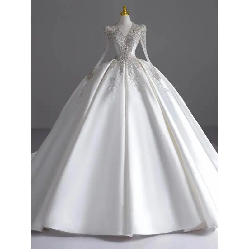 Long Sleeve Satin V-neck Wedding Gown EDW109