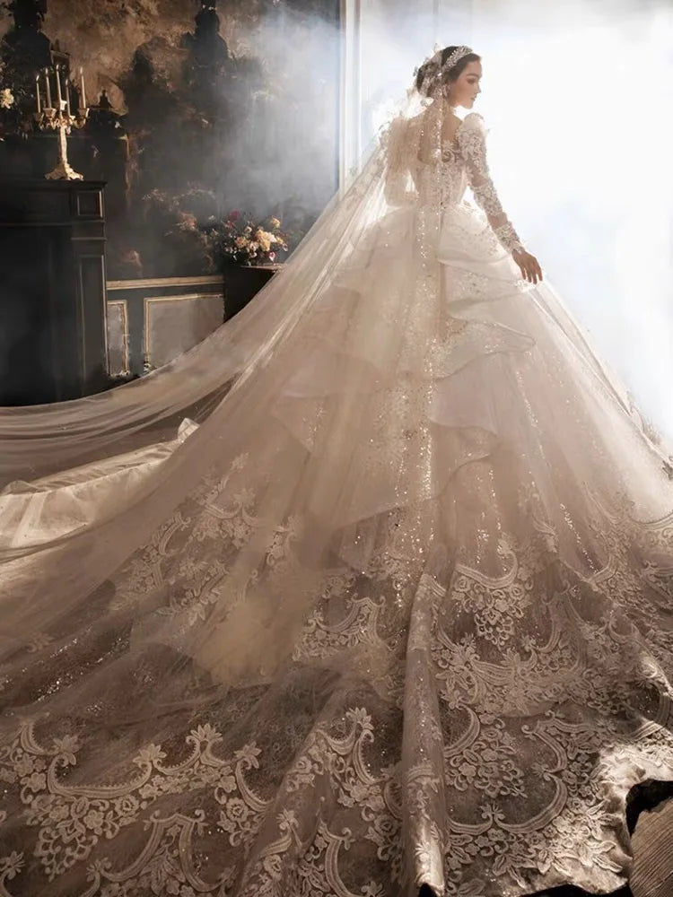 Crystal Long Sleeve Puffy Luxury Bridal Gown EDL102