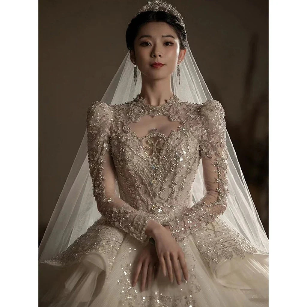 Luxury Wedding Gown with Shiny High Neck Beads EDW239