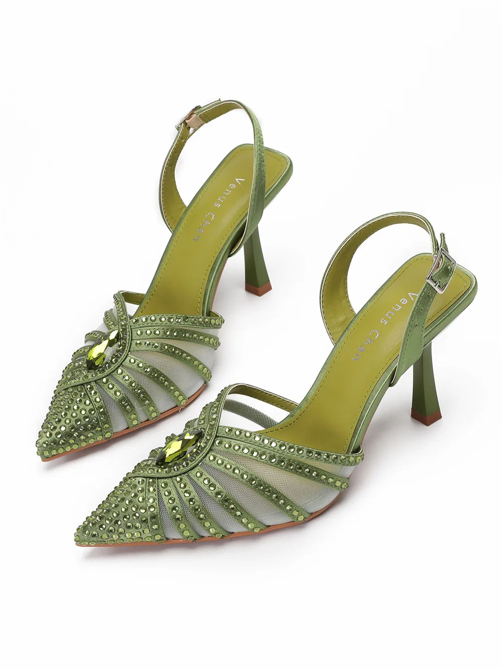 Women's Green Heels and Rhinestone Handbag Set GTR54